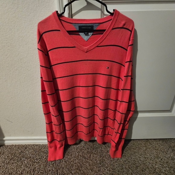 Tommy Hilfiger Other - Tommy Hilfiger Men's Coral Black Striped V-Neck Long Sleeve Sweater Large